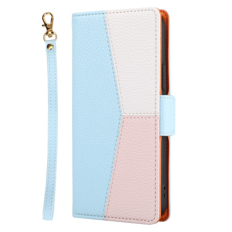 Color-blocked Phone Leather Case with Card Slot, Flip Cover, and Protective Hand Strap